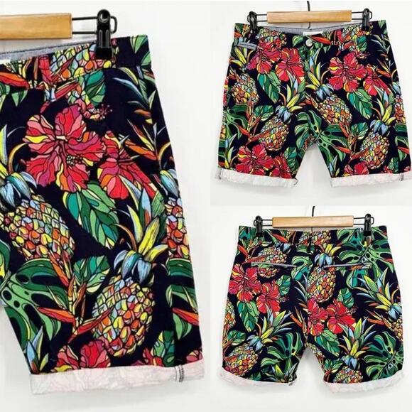 Hudson & Barrow Men's Navy Tropical Pineapple Print Chino Bermuda Shorts 32” - Picture 1 of 6